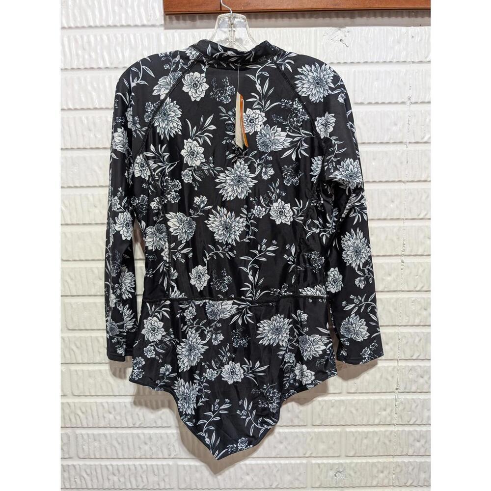 Black White Floral Long Sleeve Zip Front Swim Suit SZ XXL - Picture 2 of 7